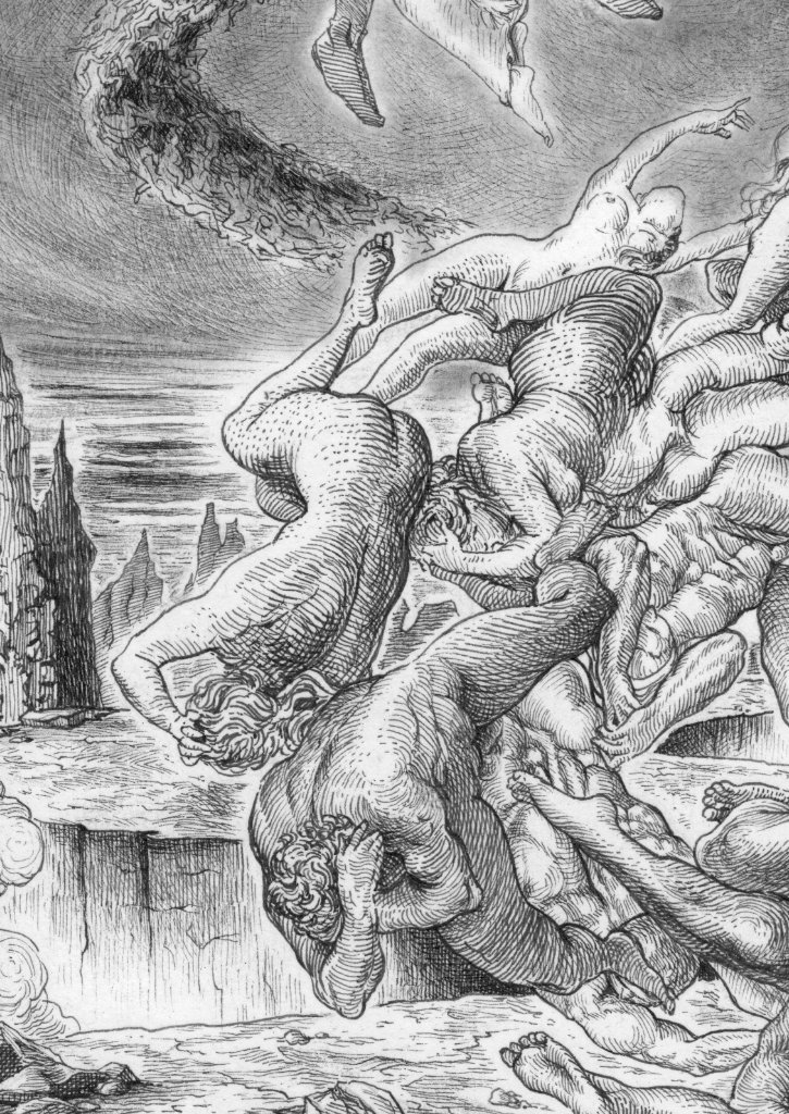 Ink illustration by Miriam Tritto, inspired by Dante Alighieri's Inferno. Naked bodies of men and women form an infinite spiral carried by the wind.